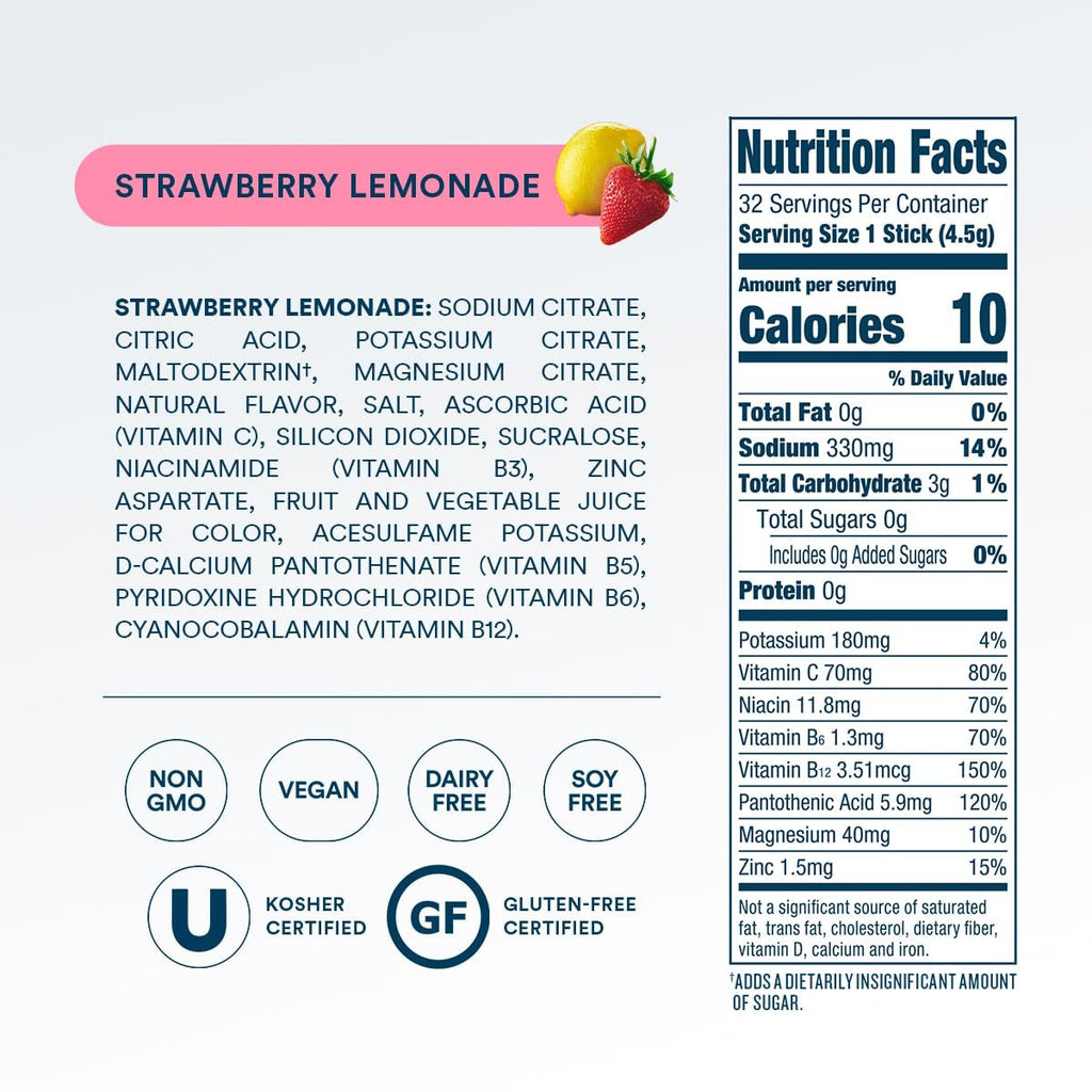 DripDrop Zero Sugar Strawberry Lemonade Electrolyte Powder, 8 oz sticks, 32 count