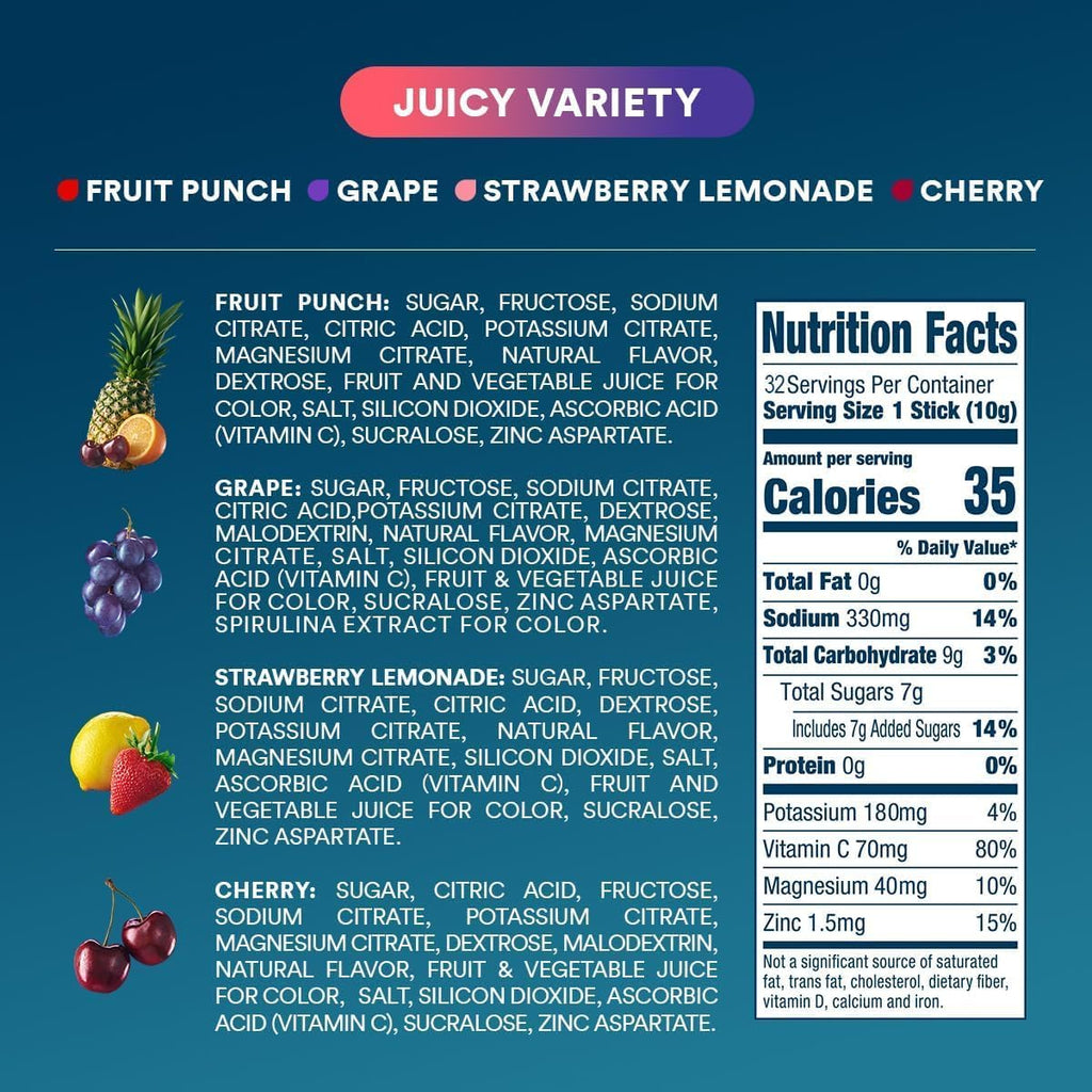 DripDrop Juicy Variety Pack Electrolyte Powder, 8 oz sticks, 32 count